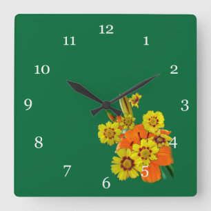 Horloge Carrée fleurs de lys orange et marguerite