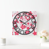 Horloge Carrée Fleurs de papier rouge et blanc (Maison)