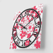 Horloge Carrée Fleurs de papier rouge et blanc (Angle)