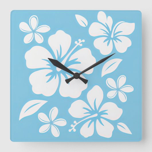 Horloge Carrée Fleurs de plage bleu tropical (Recto)