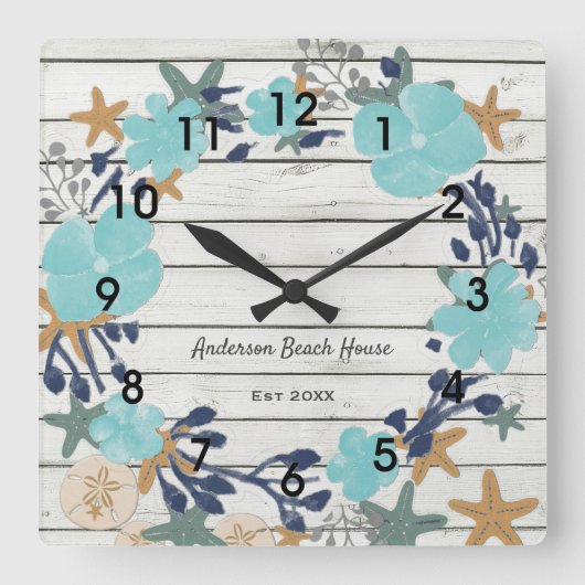 Horloge Carrée Fleurs de plage et Starfish Rustic (Recto)