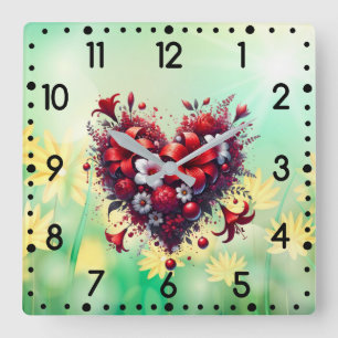 Horloge Carrée Fleurs de printemps rouges Cœur-53476