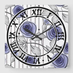 Horloge Carrée Fleurs de roses modernes abstraites violet gris bl