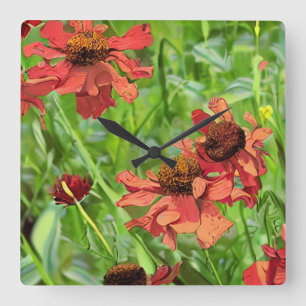 HORLOGE CARRÉE FLEURS DE RUDBECKIA ROUGES