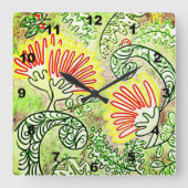 Horloge Carrée Fleurs de sapin rouge stylisées (Recto)