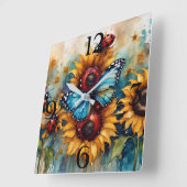 Horloge Carrée Fleurs de soleil, coccinelles et papillons (Angle)