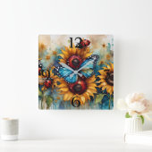 Horloge Carrée Fleurs de soleil, coccinelles et papillons (Maison)