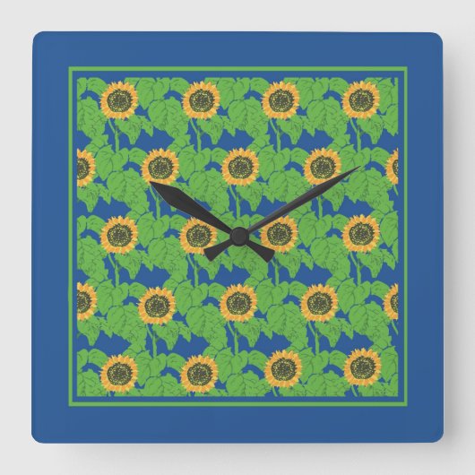 Horloge Carrée Fleurs de soleil dorées sur Arrière - plan bleu vi (Recto)