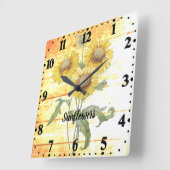 Horloge Carrée Fleurs de soleil sur bois (Angle)