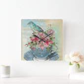 Horloge Carrée Fleurs de tasse de thé (Maison)