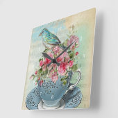 Horloge Carrée Fleurs de tasse de thé (Angle)