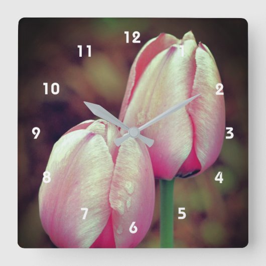 Horloge Carrée Fleurs De Tulipes Roses Avec Arroses (Recto)
