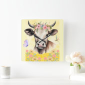 Horloge Carrée Fleurs de vache aquarelle dans un pré (Maison)