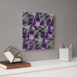 Horloge Carrée fleurs de violette chardon