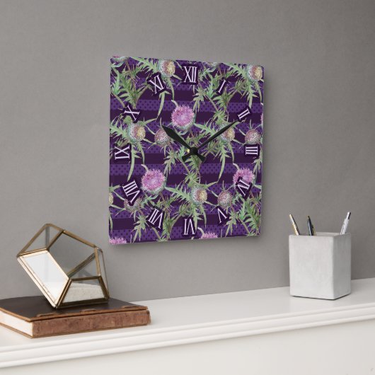 Horloge Carrée fleurs de violette chardon (Bureau)
