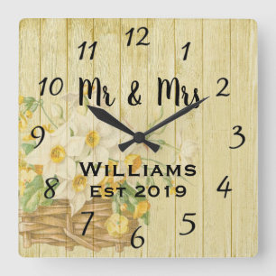 Horloge Carrée Fleurs d'été rustiques vintage en bois