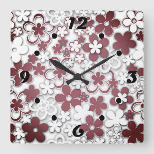 Horloge Carrée Fleurs en papier rouges et blanches