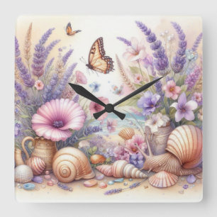Horloge Carrée Fleurs et coquillages aquarelle dans les couleurs