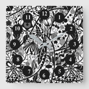 Horloge Carrée Fleurs et Feuilles noirs et blancs - Dessin