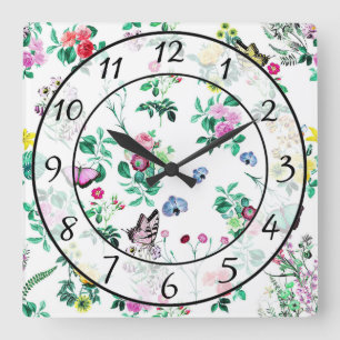 Horloge Carrée Fleurs et Papillons