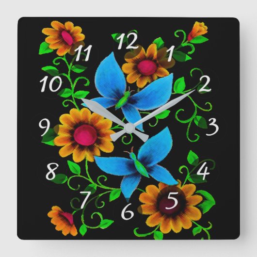 Horloge Carrée Fleurs et papillons (Recto)