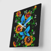 Horloge Carrée Fleurs et papillons (Angle)