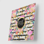 Horloge Carrée Fleurs et rayures de printemps élégantes (Angle)