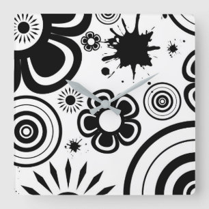 Horloge Carrée Fleurs fantaisistes noir et blanc, Cercles, Éclabo