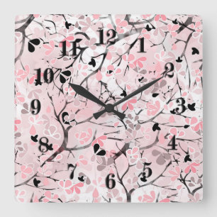 Horloge Carrée Fleurs florales pastel pastel rose feuilles à