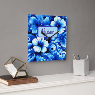 Horloge Carrée Fleurs Hawaïennes Tropicales Hibiscus Personnalisé