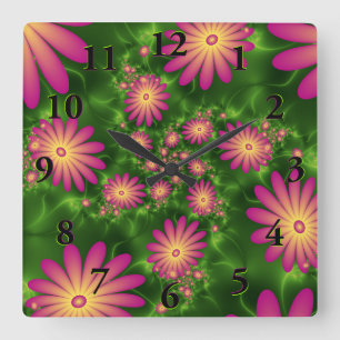 Horloge Carrée Fleurs Imaginaires roses Art Fractal Abstrait mode