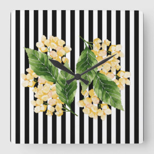 Horloge Carrée Fleurs jaunes sur rayures noir et blanc