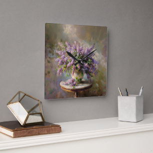Horloge Carrée Fleurs Lilac dans Vase