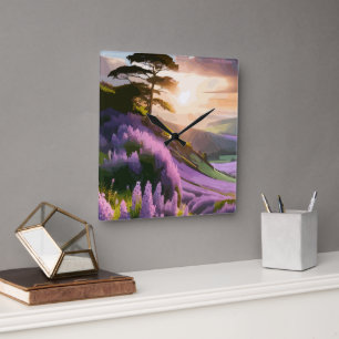 Horloge Carrée Fleurs Lilac fleurissent sur la colline au soleil 