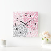 Horloge Carrée Fleurs modernes Dahlia rose et gris (Maison)