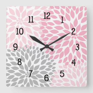 Horloge Carrée Fleurs modernes Dahlia rose et gris