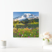 Horloge Carrée Fleurs | Mt. Rainier Fleurs sauvages (Maison)