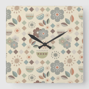 Horloge Carrée Fleurs naturelles chaudes Mi-Siècle Motif moderne