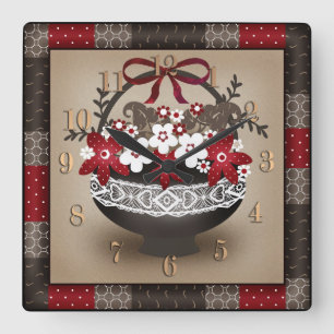Horloge Carrée Fleurs panier cadre en dentelle design floral vint
