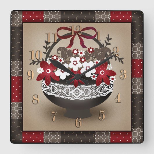 Horloge Carrée Fleurs panier cadre en dentelle design floral vint (Recto)