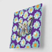 Horloge Carrée Fleurs papillons et marguerites (Angle)