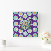 Horloge Carrée Fleurs papillons et marguerites (Maison)