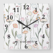 Horloge Carrée Fleurs Pastel personnalisées en blanc (Recto)