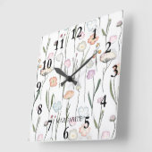 Horloge Carrée Fleurs Pastel personnalisées en blanc (Angle)