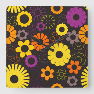 Horloge Carrée Fleurs rétro jaunes oranges et violettes