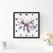 Horloge Carrée Fleurs rose et gris Aquarelle classique (Maison)