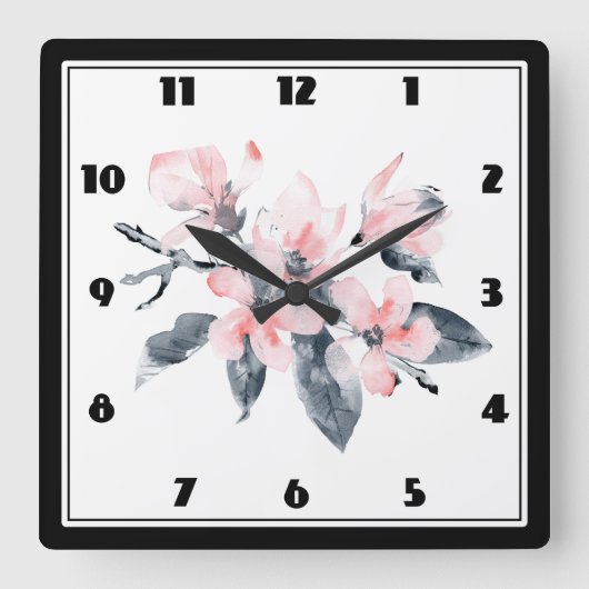 Horloge Carrée Fleurs rose et gris Aquarelle classique (Recto)