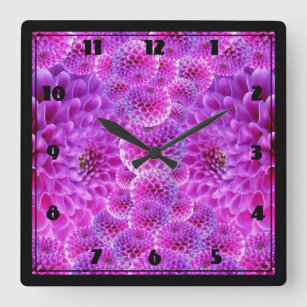 Horloge Carrée Fleurs rose PomPom Dahlia