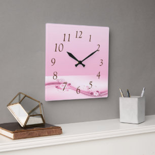 Horloge Carrée Fleurs roses dans les vagues