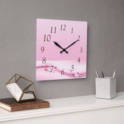 Horloge Carrée Fleurs roses dans les vagues (Bureau)